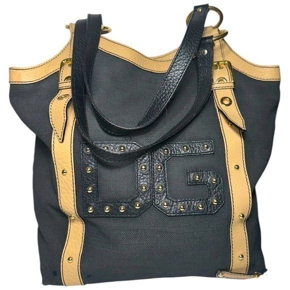 Dolce & Gabbana Vintage Women’s Black Canvas Tan Leather Logo Front Tote Bag - Picture 1 of 16